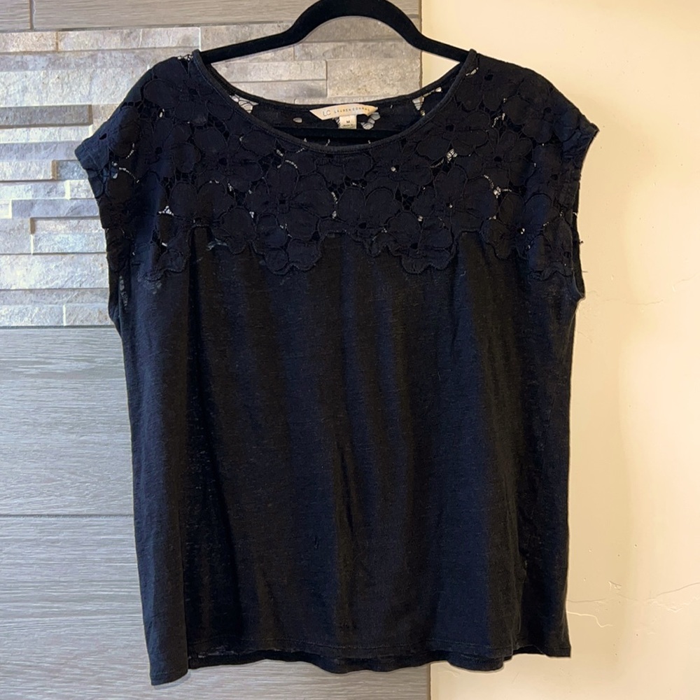 LC Lauren Conrad black floral causal dress shirt